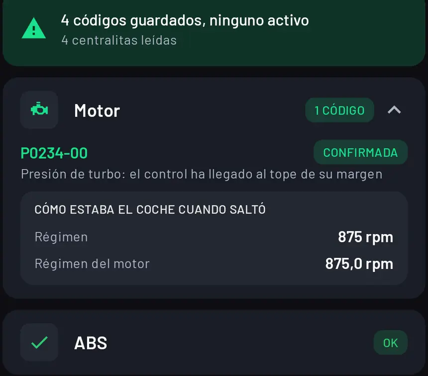Pantalla de averías de Final OBD con cuatro centralitas leídas y el código P0234 del motor explicado, con cómo estaba el coche cuando saltó